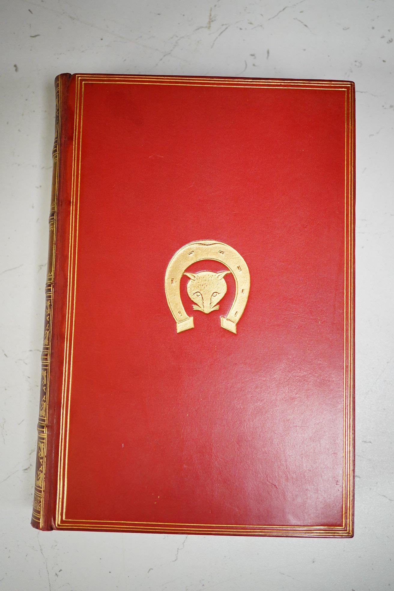 [Surtees, John - Sporting Novels], subscriber's edition, 6 vols. coloured title vignettes and num. hand coloured plates (by John Leech & H.K. Browne); contemp. gilt pictorial, decorated and ruled red calf, panelled spine
